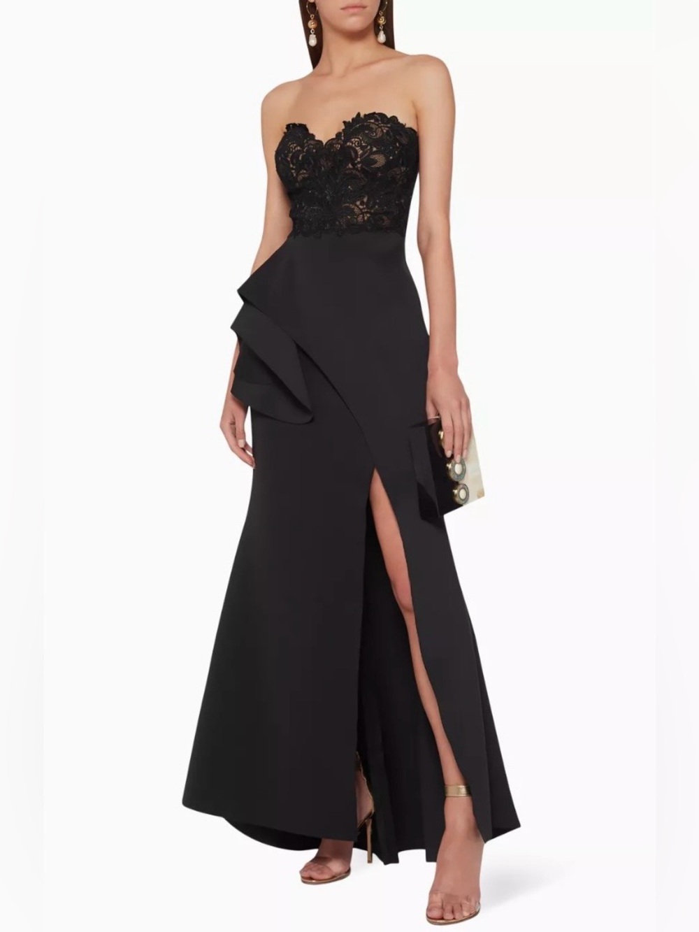 BADGLEY MISCHKA Black Laced Strapless Sweetheart Neckline Full-Length Gown